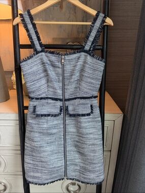 Silver & Navy Blue Tweed Fringe Detail Sundress with Front Zip